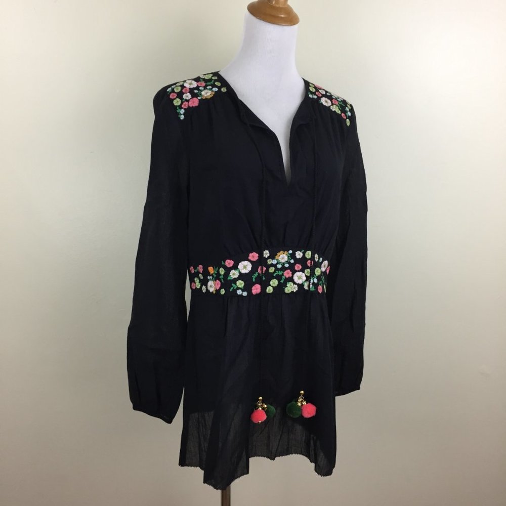TORY BURCH Black Crepe Multi-Color Floral Embroidery Tie Collar Tassels Shirt